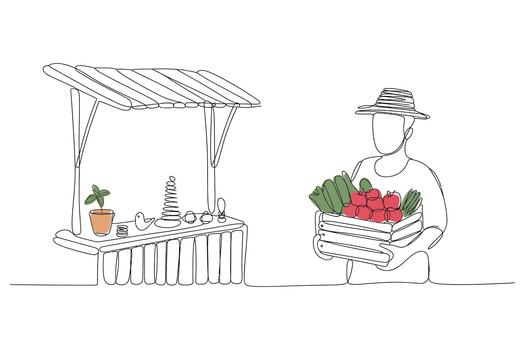 Sketch of a farmer with a crate of fresh produce standing next to an empty market stall vector