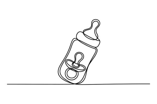 Minimalist continuous line drawing of a baby bottle with a pacifier inside on a white background vector