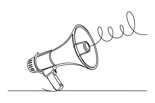 Minimalist line art illustration of a megaphone emitting sound waves in a single continuous stroke vector