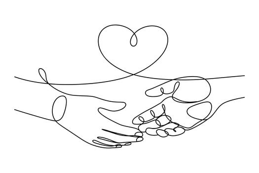 Continuous line art depicting two hands reaching out connected by a heart symbolizing love and unity vector