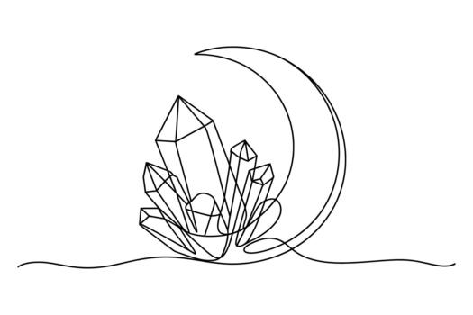 Elegant single line drawing of a crescent moon cradling a cluster of sparkling crystals on a wavy ground line vector