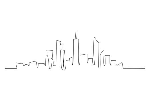 Minimalist continuous line drawing of a modern city skyline with tall skyscrapers and urban architecture in black and white vector