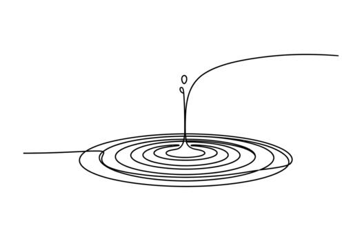 Abstract minimalist line art depicting a single drop of liquid creating concentric ripples on a surface with a trailing line vector