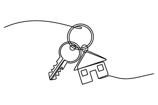 Single continuous line drawing of a house key with a house shaped charm on a keyring symbolizing home ownership and real estate vector