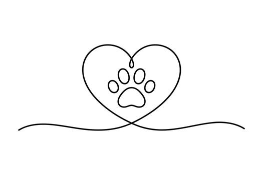 minimalista continuo línea dibujo de un perro pata impresión dentro un corazón forma con un fluido línea representando amor y cuidado vector
