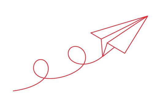 Simple red line drawing of a paper airplane soaring through the air with a looping trail vector