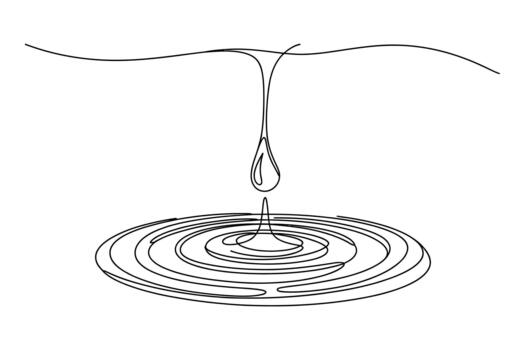Abstract minimalist line art depicts a single drop of liquid creating concentric ripples on a flat surface vector