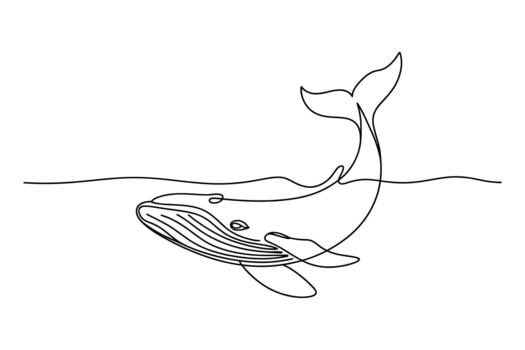 Minimalist single line drawing of a majestic humpback whale emerging from the ocean surface vector