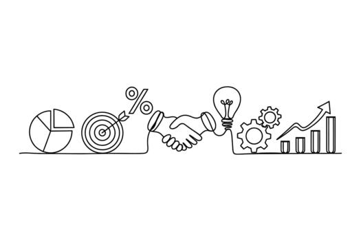 Doodle illustration of business growth and success with a pie chart target handshake and rising graph vector