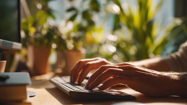 A close-up of male hands typing on a keyboard, surrounded by lush greenery and warm sunlight in a cozy workspace. photo