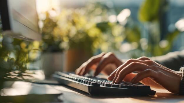 A close-up of a person's hands typing on a keyboard surrounded by lush green plants, creating a serene workspace atmosphere. photo