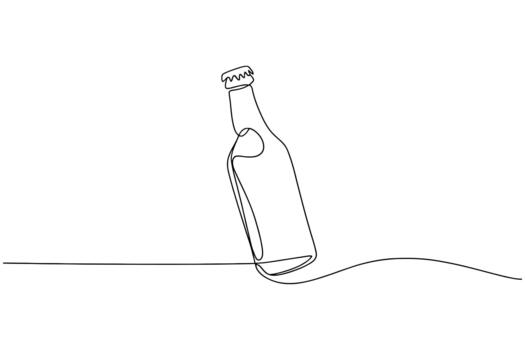 Minimalist single line drawing of a tall glass bottle with a cap on a white background vector