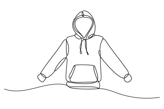 Minimalist line art drawing of a hooded sweatshirt with a front pocket and drawstrings vector