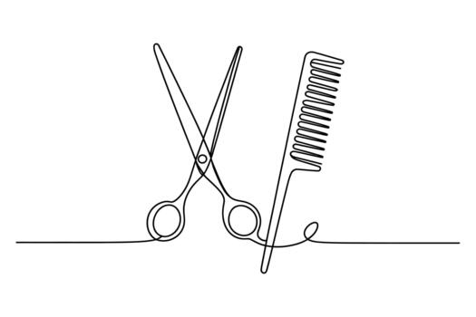 Minimalist continuous line drawing of barber scissors and comb symbolizing hairdressing and professional styling services vector