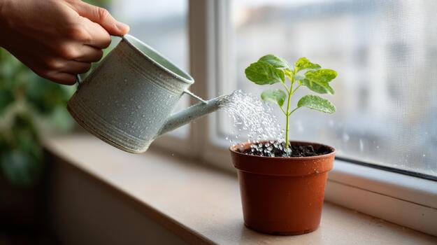 A hand watering a small potted plant by a window, symbolizing growth and nurturing. photo