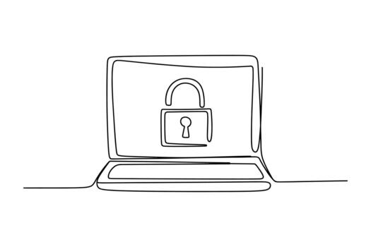 Minimalist line art depicting a laptop screen displaying an open padlock symbolizing digital security vector