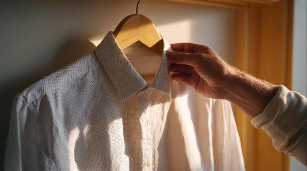 A close-up of a hand adjusting the collar of a crisp, white button-up shirt hanging on a wooden hanger, illuminated by soft morning light. photo