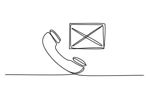 Minimalist single line drawing of a vintage telephone receiver with a crossed out square symbolizing a missed call or no connection vector