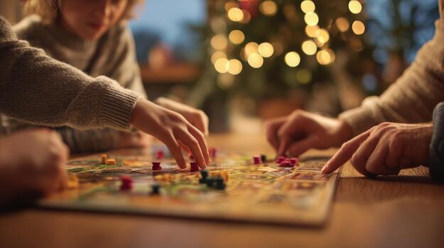 A warm evening board game session with friends, festive lights glowing in the background, capturing moments of joy and strategy. photo
