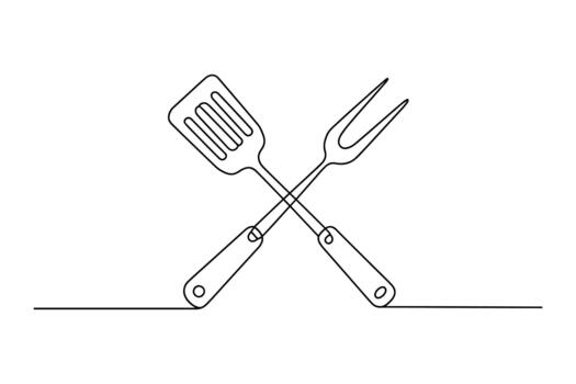 Minimalist single line drawing of crossed barbecue spatula and fork on white background vector