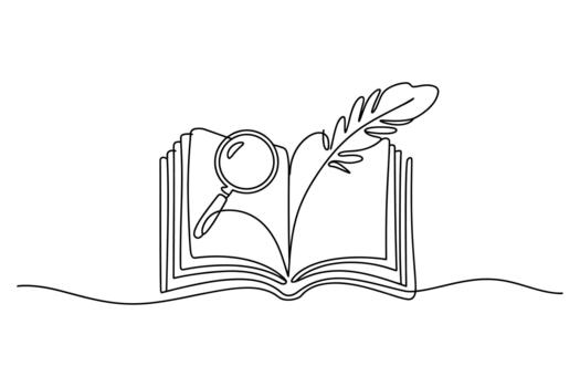 Open book with magnifying glass and quill pen symbolizing research learning and the pursuit of knowledge vector