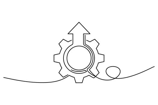 continuo línea dibujo de un engranaje con un hacia arriba flecha simbolizando Progreso y mecánico innovación vector