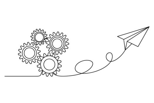 resumen continuo línea dibujo de interconectado engranajes potenciando un papel avión s vuelo camino vector