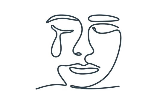 Minimalist single line drawing captures the raw emotion of a crying face in abstract art vector