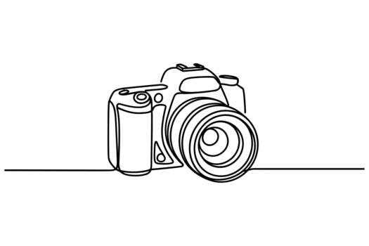 Minimalist single line drawing of a professional dslr camera with a large lens on a white background vector