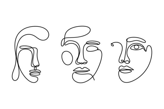 Abstract continuous line art depicting three distinct faces in profile and frontal views vector