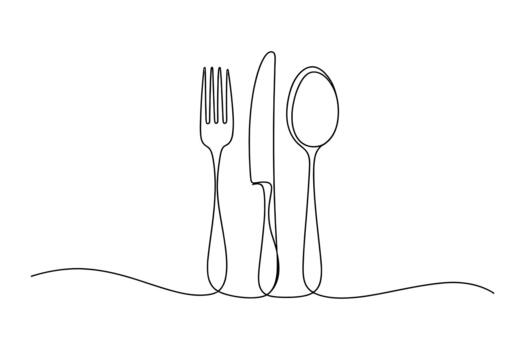 Minimalist continuous line drawing of a fork knife and spoon set on a wavy line vector