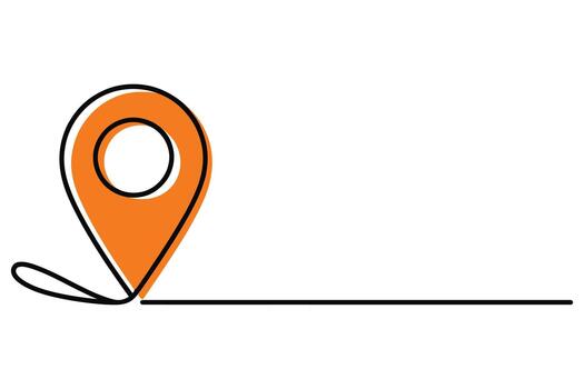 Abstract single line drawing of an orange location pin marker connected to a straight path vector