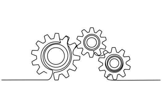 Abstract single line drawing of three interlocking gears representing mechanical connection and teamwork in a minimalist style vector