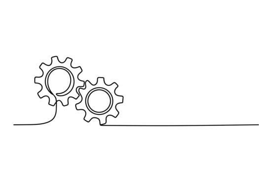 minimalista soltero línea dibujo de dos enclavamiento engranajes simbolizando conexión y mecánico Ingenieria vector