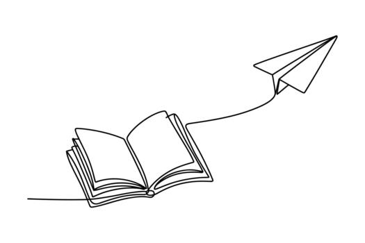 un continuo línea dibujo representa un abierto libro con un papel avión tomando vuelo desde sus paginas simbolizando imaginación y aprendizaje vector