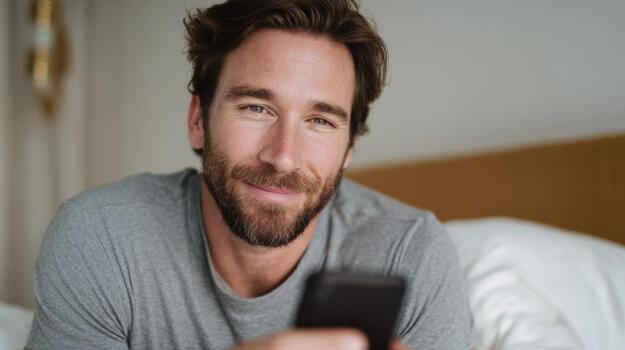 Smiling Caucasian man enjoying his smartphone in a cozy bedroom setting. photo