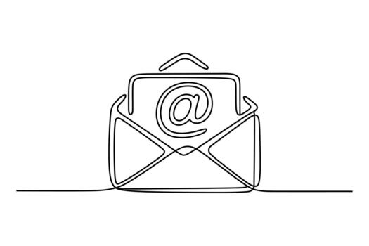 Minimalist single line drawing of an open envelope with an email symbol inside on a white background vector