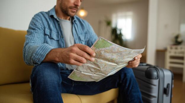 A Caucasian man examines a detailed map while seated on a sofa, preparing for his journey ahead. photo