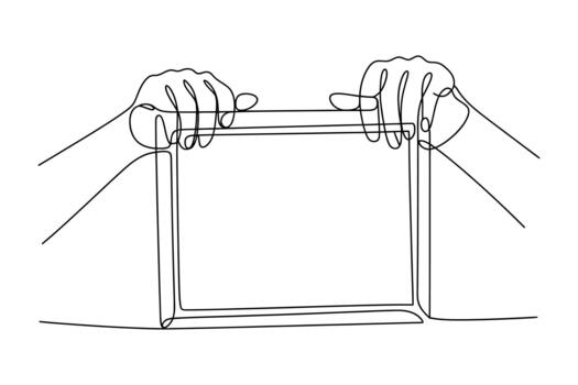Two hands stretching a thin horizontal line taut across the top of a simple square frame illustration vector