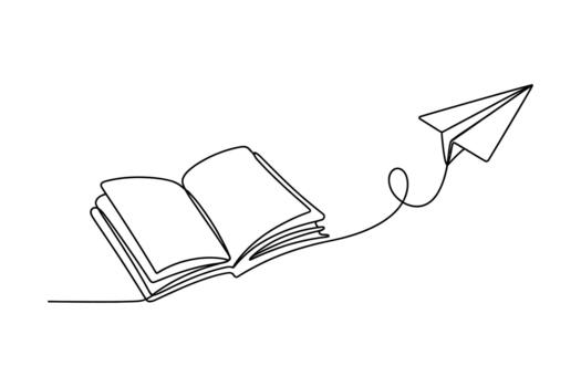 A single line drawing depicts an open book with a paper airplane taking flight from its pages symbolizing imagination and learning vector