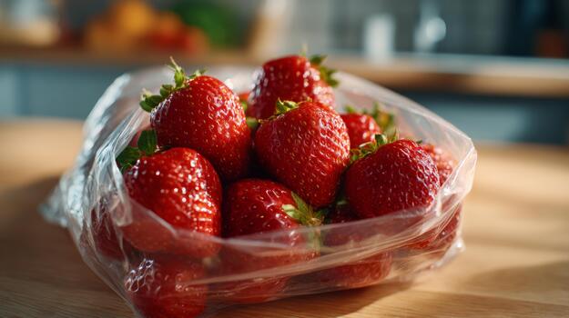 A vibrant display of fresh strawberries in a plastic container, highlighting their juicy, red texture and green leaves. photo