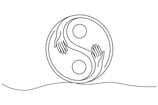 Stylized yin yang symbol with intertwined hands representing harmony and balance in a simple line drawing vector