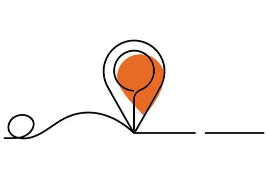 minimalista continuo línea dibujo de un ubicación alfiler con un vibrante naranja circulo indicando un destino vector