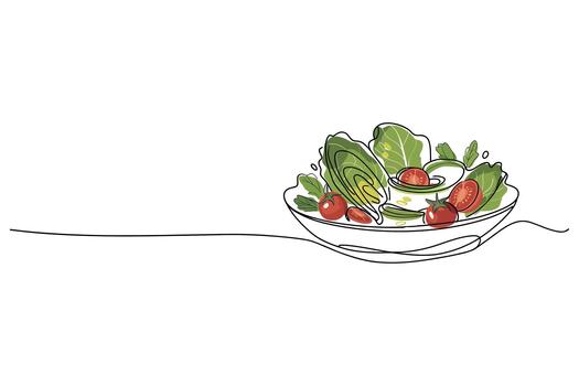 Fresh garden salad in a white bowl with a simple line drawing of a fork and spoon vector