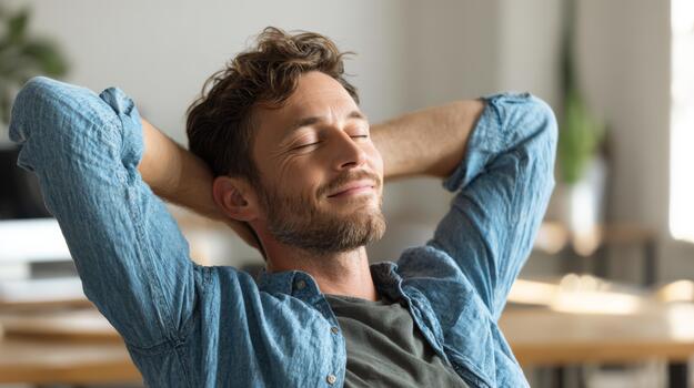Relaxed young Caucasian man enjoying peace in a modern workspace, exuding tranquility and contentment. photo