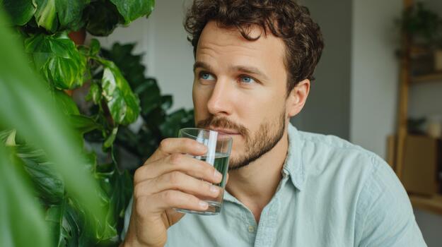 Thoughtful Caucasian man sipping water, surrounded by lush greenery at home, creating a calm and refreshing atmosphere. photo