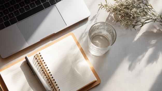 A serene workspace featuring a laptop, an open notebook, and a glass of water, with soft natural light and subtle shadows. photo