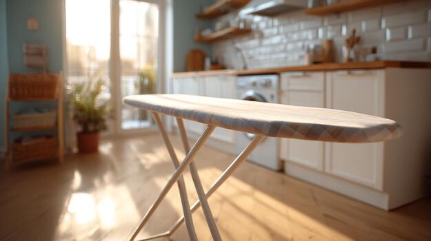 A sunlit kitchen with an ironing board set up, showcasing a cozy and inviting atmosphere. photo
