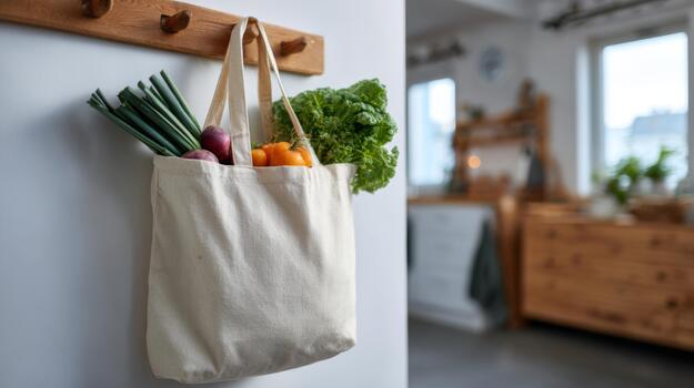 A reusable grocery bag filled with fresh vegetables hangs on a hook in a bright kitchen. photo