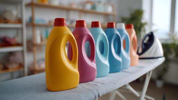 A vibrant array of colorful laundry detergents lined up on an ironing board, showcasing a cheerful atmosphere in a laundry room. photo